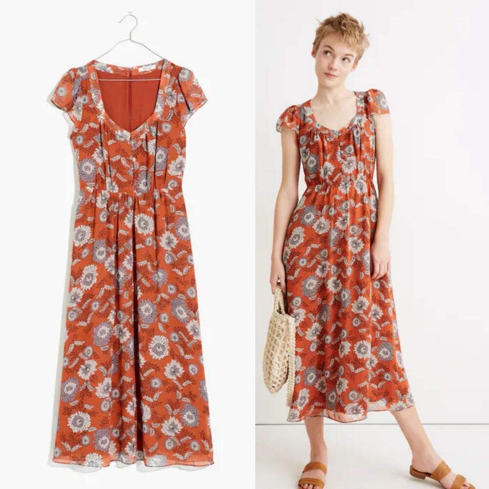 Madewell Sheer Sleeve button front midi dress in gathered blooms